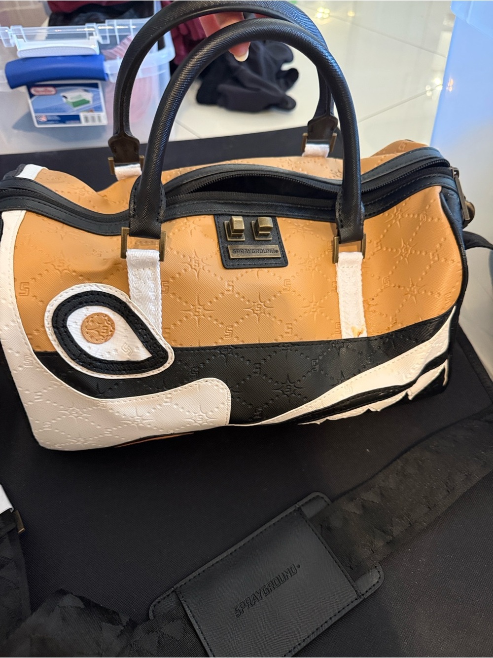 Sprayground Tan Black White Graphic Barrel Duffel